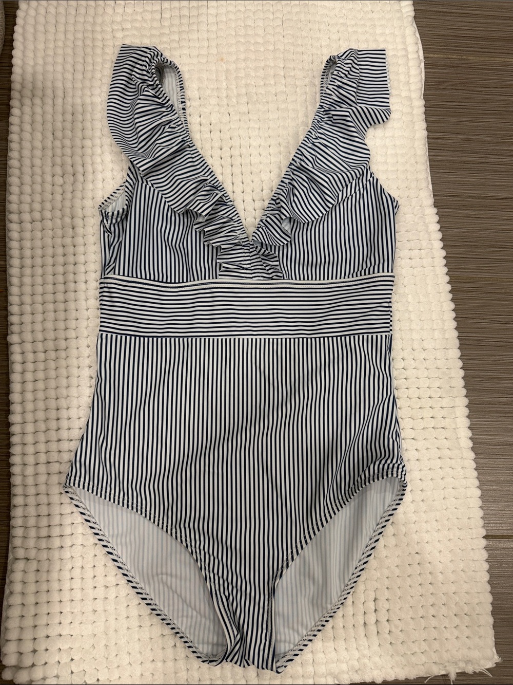 Striped Ruffle One-Piece Swimsuit - Navy & White